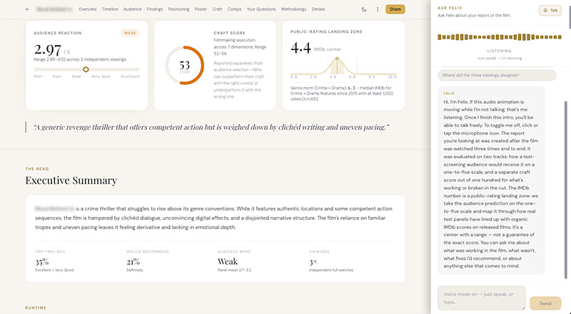 aiScreeningRoom report: audience score, craft score, public-rating landing zone, and Ask Felix at rest